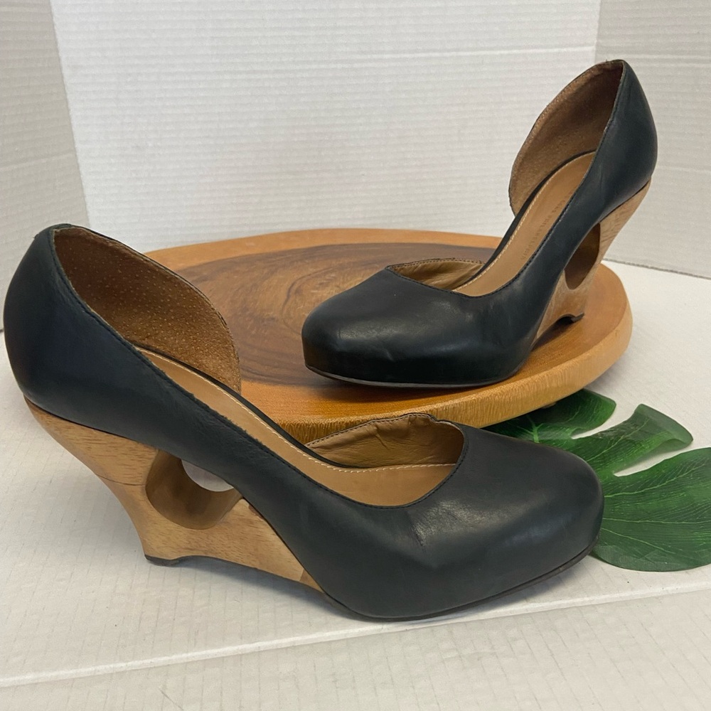 Schuler and Sons Leather Wooden Heeled Wedges